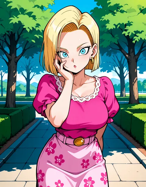 Android 18 Summer Park Stroll — Getting shocked as seeing you while she was relaxing! · Made with The Forge · Eye Detailed · Upscaled · High Quality · Character LoRA