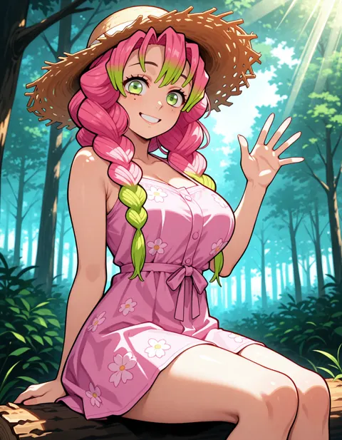 Mitsuri on Summer Jungle — Floral Summer Dress for Mitsuri · Made with The Forge · Eye Detailed · Upscaled · Character LoRA