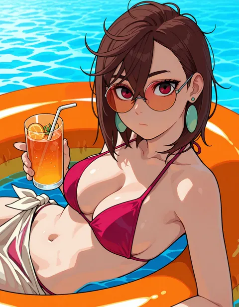 Momo Ayase Summer Evening — you can relax once in a while on Pool with Iced Orange juice! · Made with The Forge · Eye Detailed · Upscaled · High Quality · Character LoRA