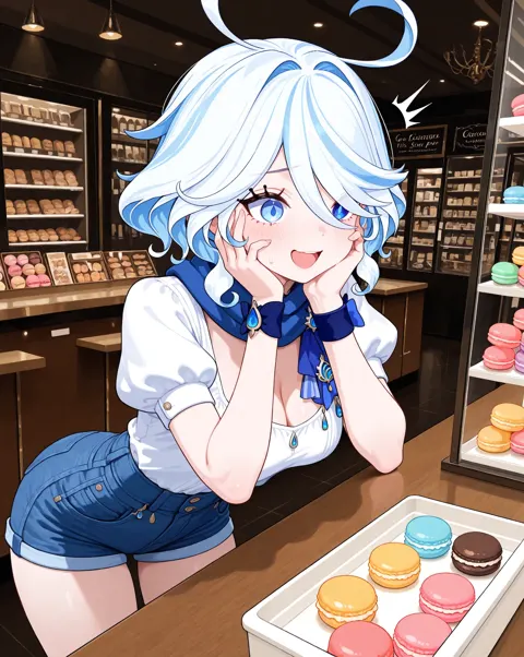 Furina at Sweets — Nothing amazes me more than the sparkles in her eyes when seeing macaroons! · Made with The Forge · Eye Detailed · Upscaled · Character LoRA · High Quality